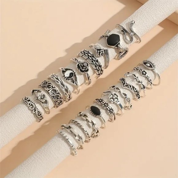 Finger Rings 22pc Gypsy Boho Hippie Snake Evil Eye Stackable Silver Onyx Bands - Picture 2 of 4